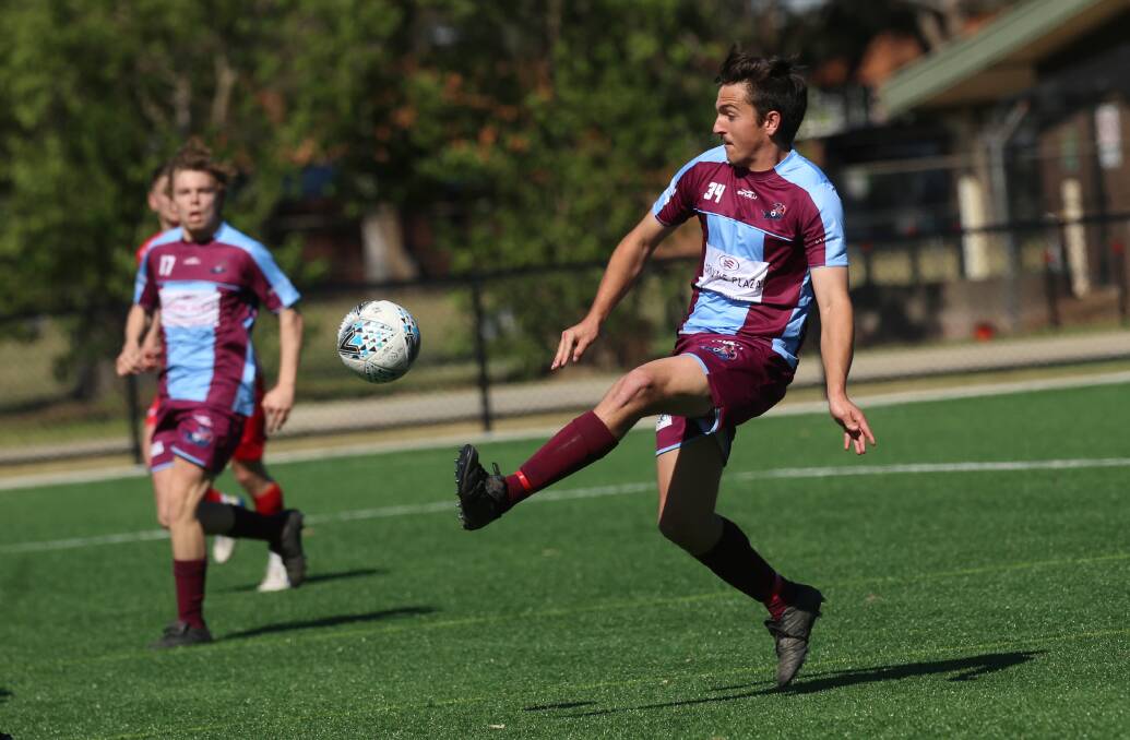 Bryce Maxwell scores for Hawkesbury City FC Under 20's against Parramatta FC in their 2019 Elimination Final at Jenson Park, Regents Park. Picture: Geoff Jones.