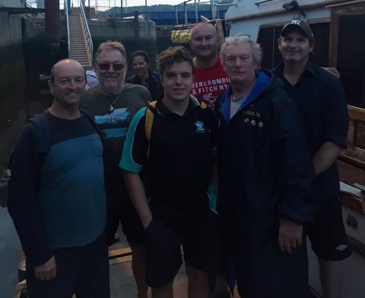 In England: (L to R) Geoff Evans, Paul Foreman (Boat Pilot), Michael Payne, Jason (Boat Crew), Steve Payne and Jason (CSPF Observer). Picture: Supplied