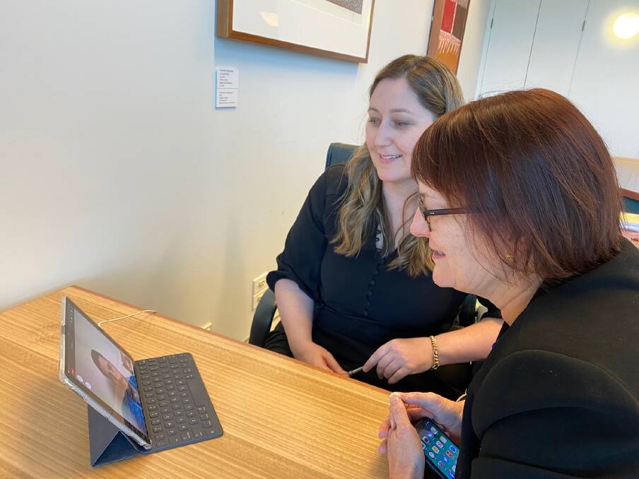 Giving grants: Macquarie MP Susan Templeman and Shadow Assistant Minister for Mental Health, Emma McBride, chat to Feel the Magic founder, James Thomas, online while in parliament. Picture: Supplied
