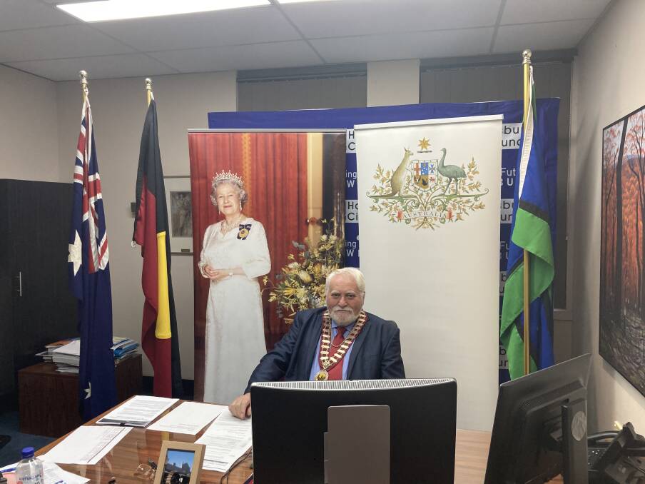 The office set up for Cr Barry Calvert as he holds the individual online ceremonies for the Hawkesbury's newest citizens. Picture: Supplied.