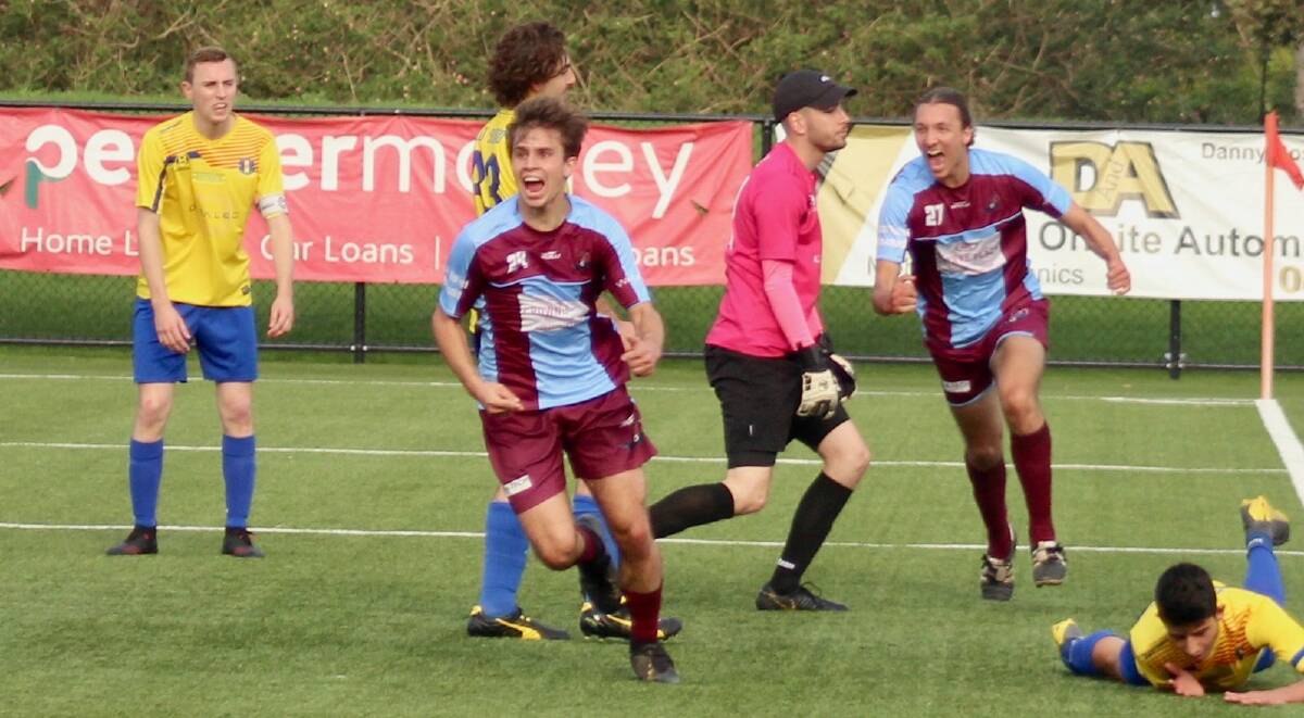 Champs: Riley Brennan celebrates after scoring the winning and only goal against Dulwich Hill FC late in the second half of extra time, in the Under 20 Men's NPL 3 NSW grand final. Picture: Supplied.