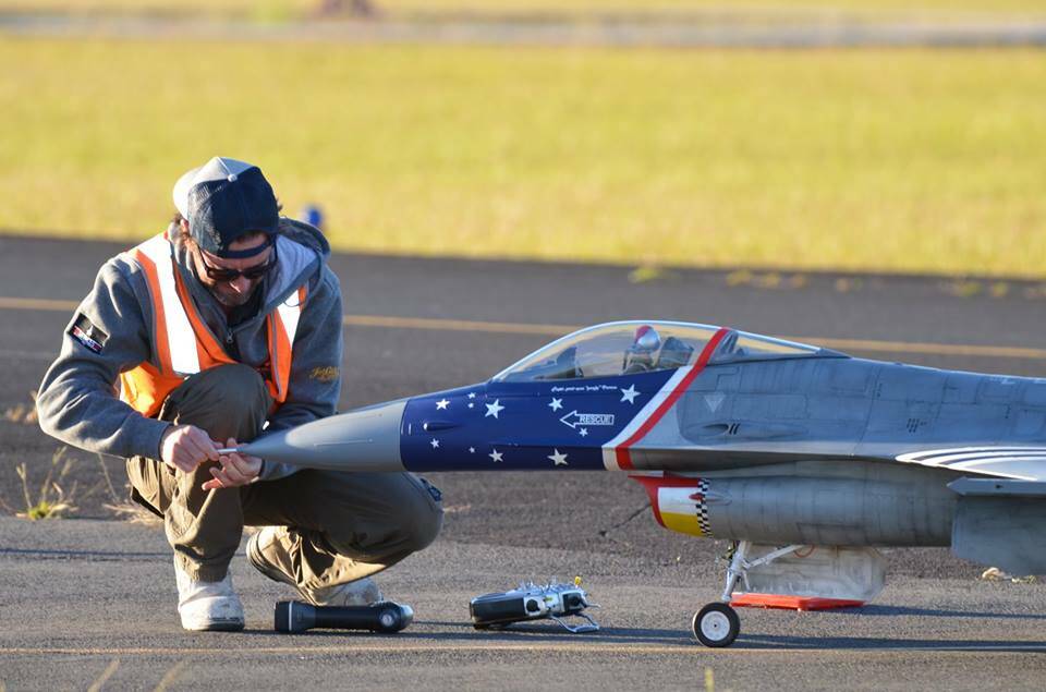 Getting ready: Levi Wagner is preparing his replica jet on the runway. Picture: Supplied