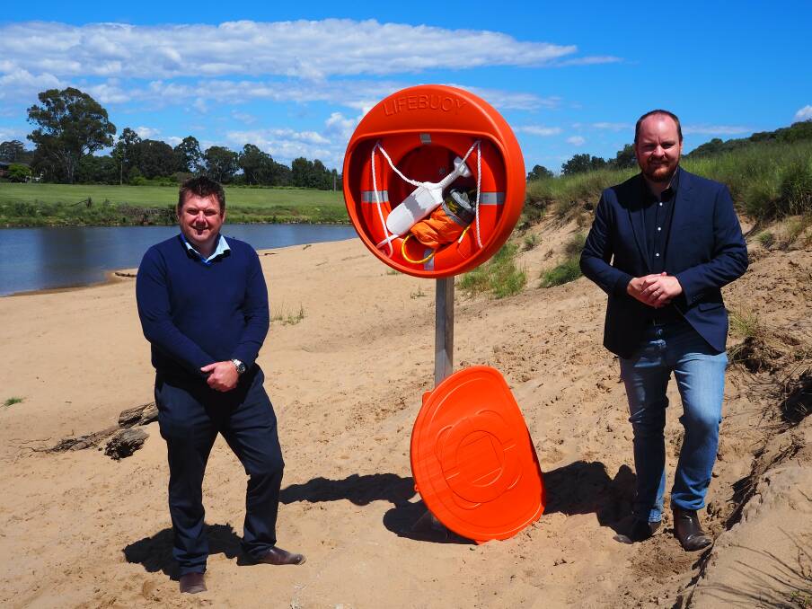 Water safety: Hawkesbury Mayor Patrick Conolly with Royal Life Saving NSW CEO Michael Ilinsky at Windsor Beach. Picture: Supplied.