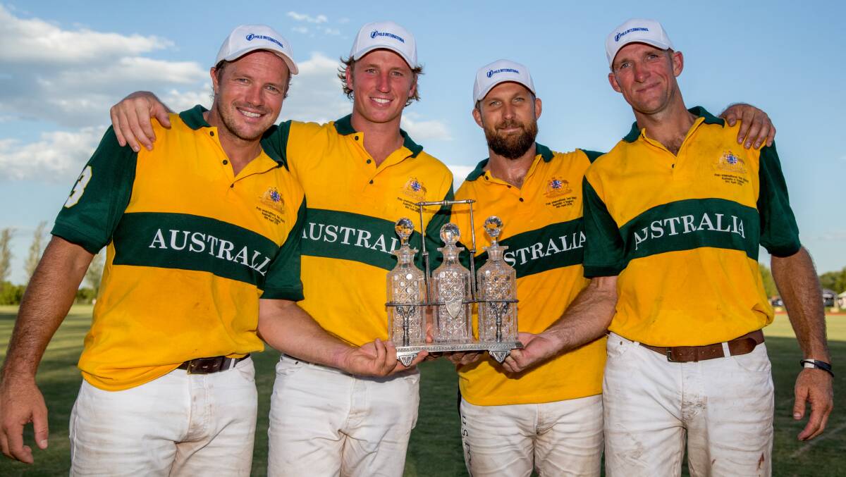 Winners: The Australian team - Jack Baillieu, Jack Archibald, Dirk Gould and Matt Grimes - that defeated the Flannels English polo squad in the 2019 Polo International held at Windsor Polo Club last April. Picture: Geoff Jones.
