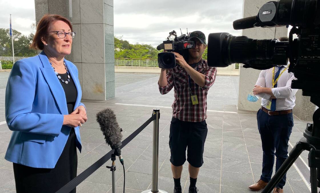 Macquarie MP Susan Templeman talks to the media outside Parliament House. Picture: Supplied.