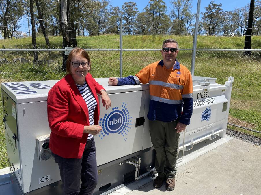 Macquarie MP Susan Templeman with NBN Network power and continuity manager, Frank Reynolds, at the Ebenezer Fixed Wireless Tower. Picture supplied.