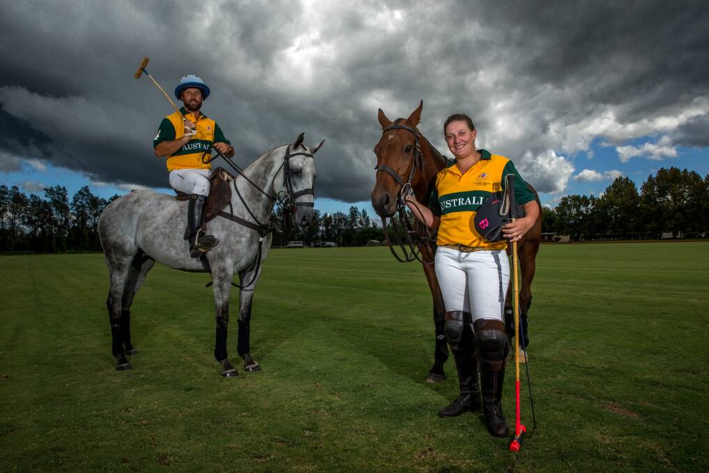 Ready to play: Australian Polo players Dirk Gould with his stallion Smurf and Billie Mascart with her pony Tommy are gearing up for this weekend's Polo International. Picture: Geoff Jones.
