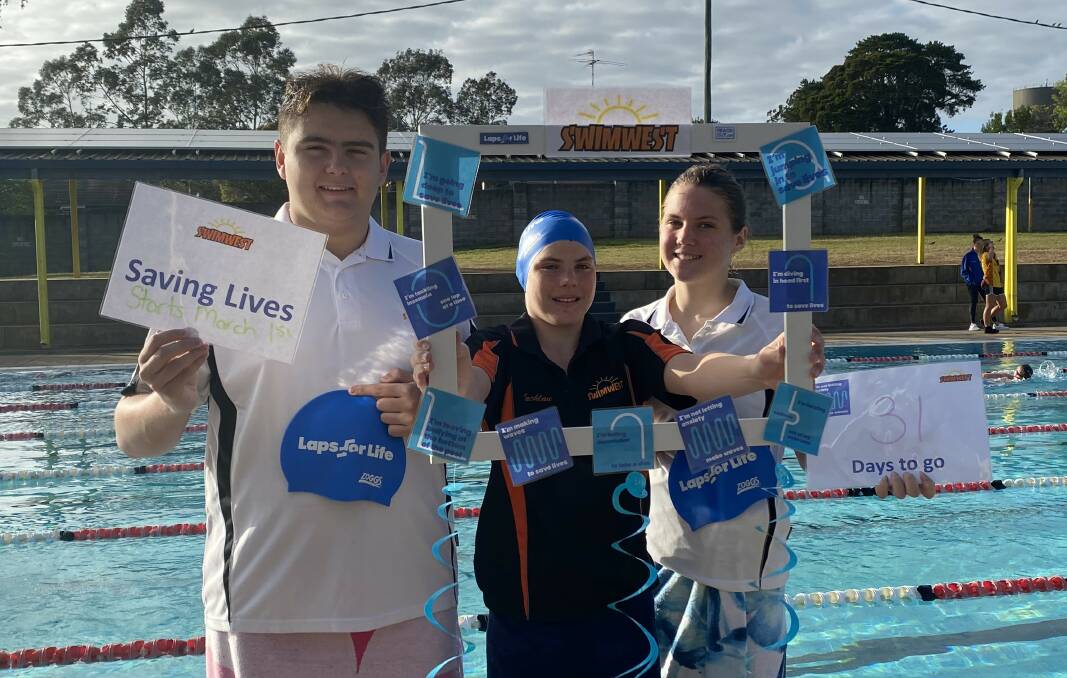 For life: Members of the Swimwest Swimming Club; Colby Hedges, Lochlan Street and Bridgette Street, at Hawkesbury Oasis, South Windsor, have challenged themselves to swim as part of 'Laps for Life'. Picture: Supplied.