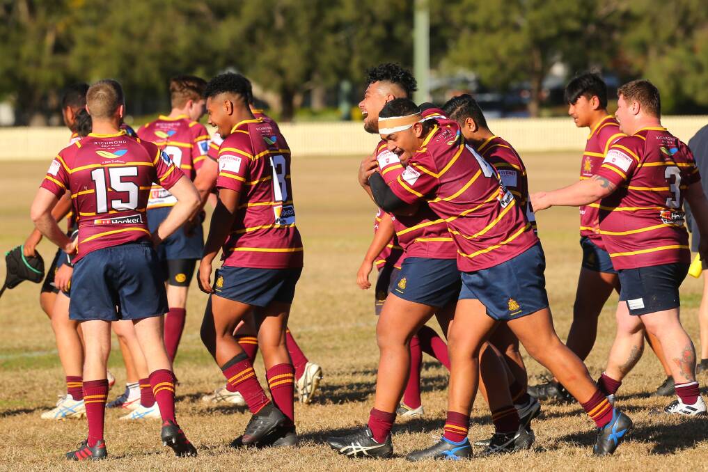Finals birth: Hawkesbury Agricultural College players celebrate a try in their Second Grade victory over Brothers in the Farrant Cup on Saturday, July 13 at the College Oval, Richmond. Picture: Geoff Jones
