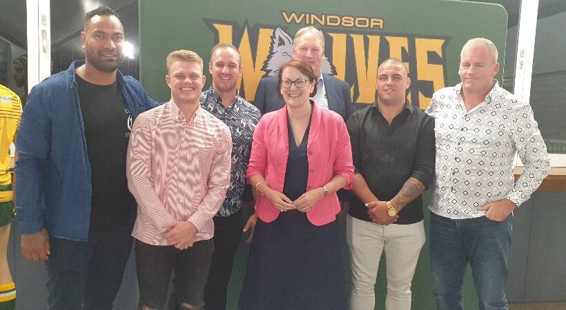 Season start: The Windsor Wolves' Tony Williams, Isaac Gorman, Dan Jackson, Ross Jones, Tyler Cassilis, and Chris Yates with Susan Templeman at the season launch. Picture: Supplied.