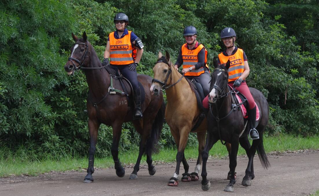 Trotting along: A group of three riders pass by during the Mountain Lagoon Endurance Ride. Picture: Supplied.