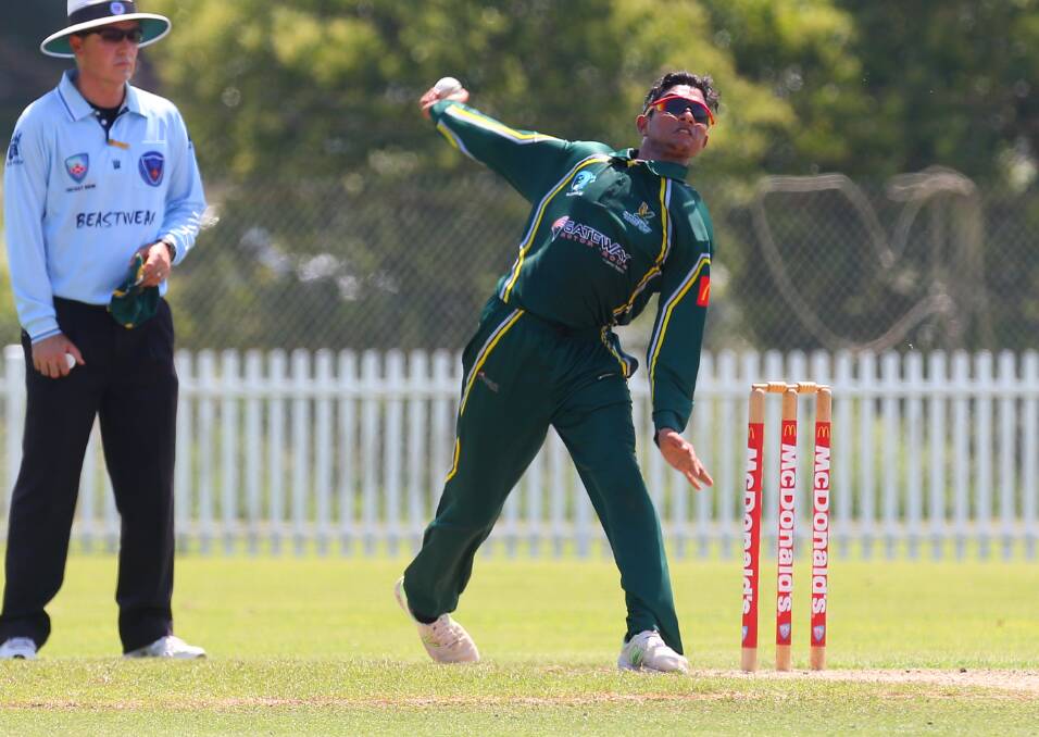 All-rounder: Nivethan Radhakrishnan bowls for Hawkesbury's First Grade against Bankstown in January of this year. Picture: Geoff Jones