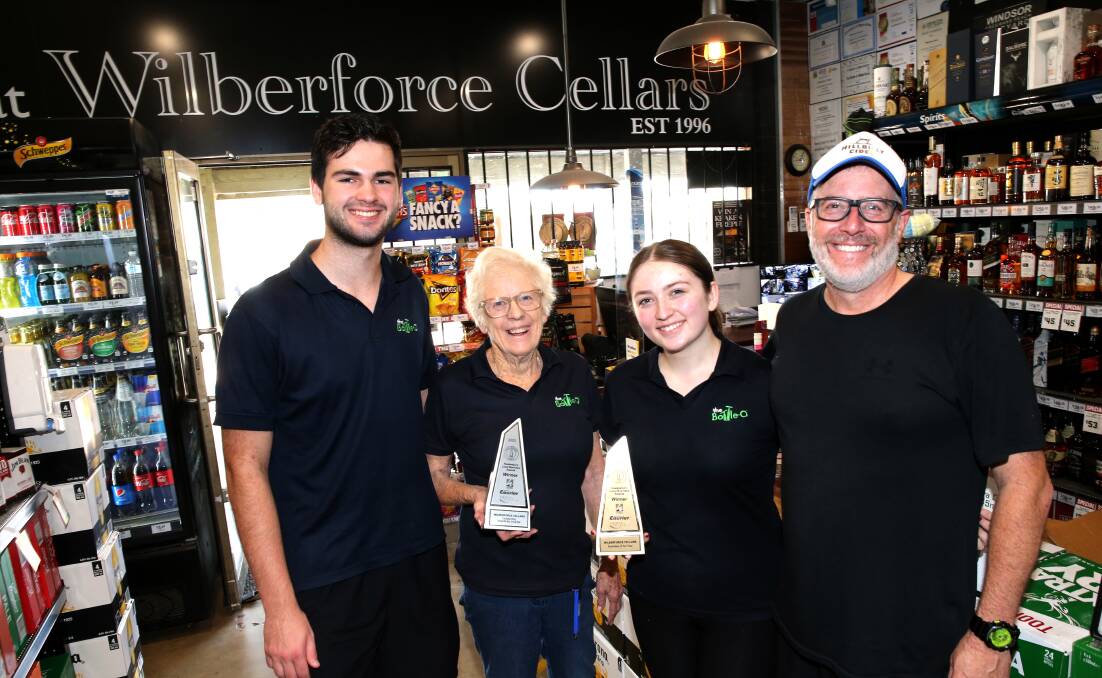 Winners: The staff at Wilberforce Cellars (L to R) Jack Simic, Helen Monaghan, Georgia Monaghan and owner Jim Monaghan. Picture: Geoff Jones.