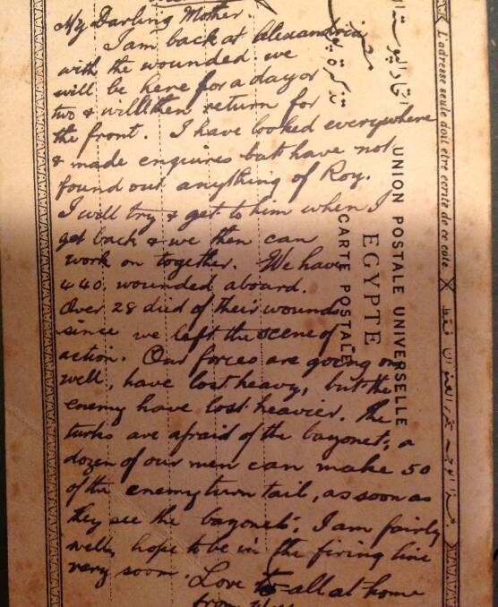 Will wrote this postcard home to his mum from Alexandria in May, 1914. It ends ominously with "hope to be in the firing line very soon". 