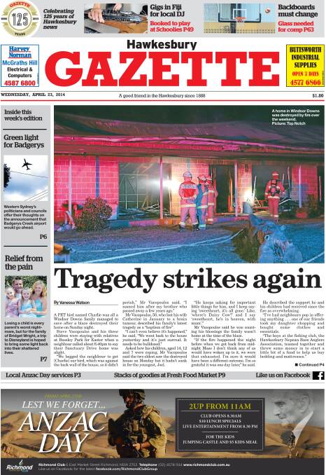 The 2014 front page of the story of the blaze which gutted the family home.