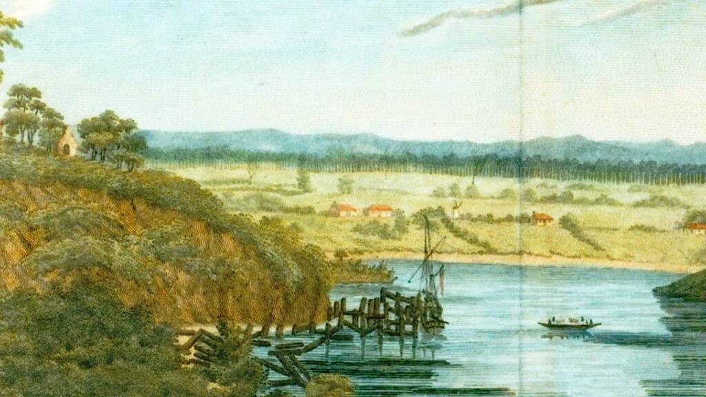 WHARF WIPED: Windsor wharf was destroyed in the floods of 1817, as depicted in this etching by William Preston, published in 1821. It was taken from a drawing by Captain James Preston.