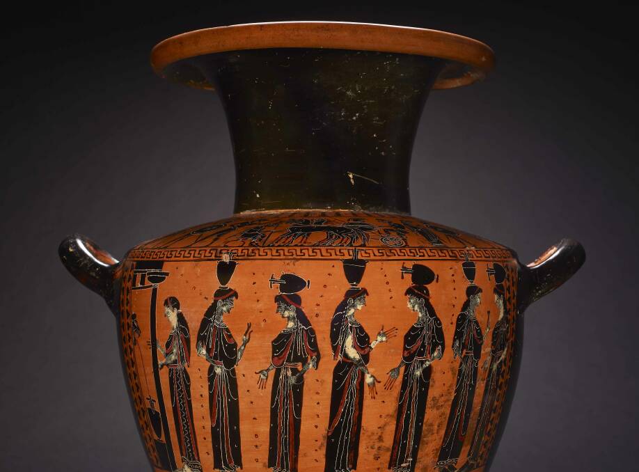 A classic ceramic hydria (water jar), black figure pottery, circa 510 BCE. 