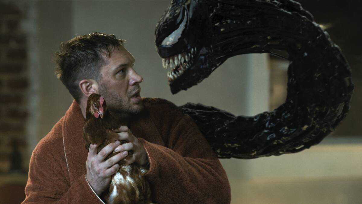 Odd couple: Tom Hardy once again plays reporter Eddie Brock and voices his parasitic sidekick Venom in the Venom: Let There Be Carnage, rated M, in cinemas now. Picture: Sony