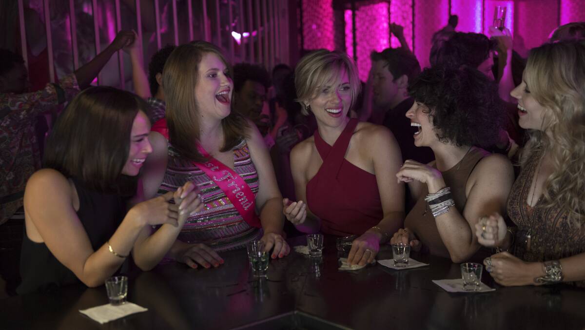 Girls night: From left, Zoe Kravitz, Jillian Bell, Scarlett Johansson, Ilana Glazer and Kate McKinnon in Rough Night, rated MA15+, in cinemas now.