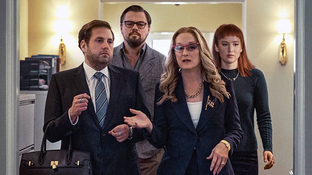 All-star: Jonah Hill, Leonardo DiCaprio, Meryl Streep and Jennifer Lawrence star in Adam McKay's disaster satire Don't Look Up, rated M, in cinemas now. Picture: Netflix