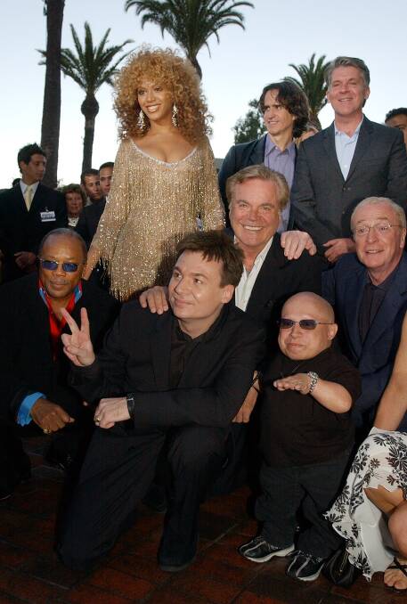 Verne Troyer with Mike Myers and other Austin Powers in Goldmember principals Quincy Jones, Robert Wagner, Beyonce, Michael Caine, director Jay Roach and producer John Lyons at the film's premiere in Los Angeles in 2002. Picture: AP