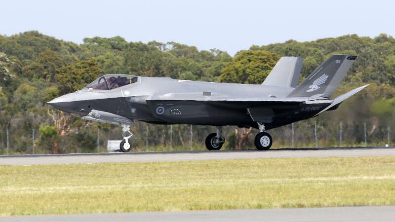A F-35A Joint Strike Fighter lands at Williamtown RAAF base.