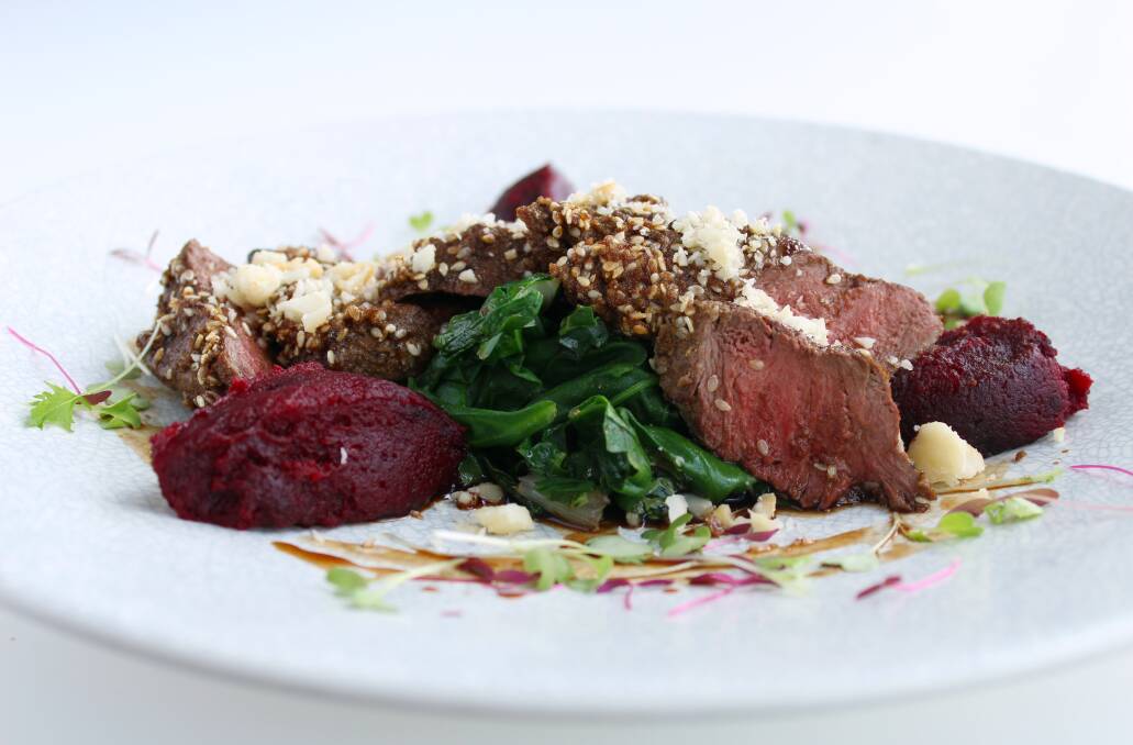 Resalt's dukkah Crusted Kangaroo Fillet with beetroot mash, braised silver-beet and Agro Dolce sauce.
