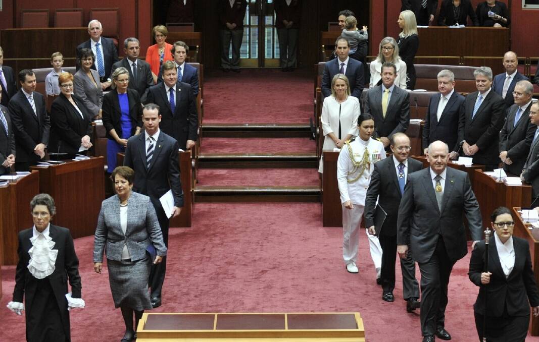 Marching into the Senate chamber for his swearing in as governor-general on March 28, 2014. Picture: Supplied