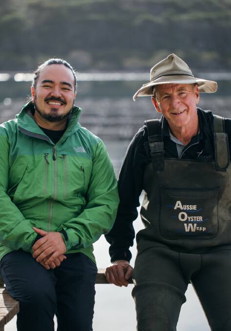 Adam Liaw with Tathra oyster farmer Gary Rodeley. Picture: Supplied