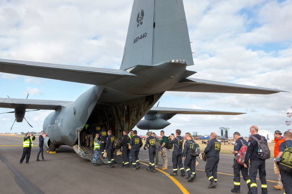 An Air Force C-130J Hercules provides transport to the South Australian fire fighting deployment. Picture: Department of Defence