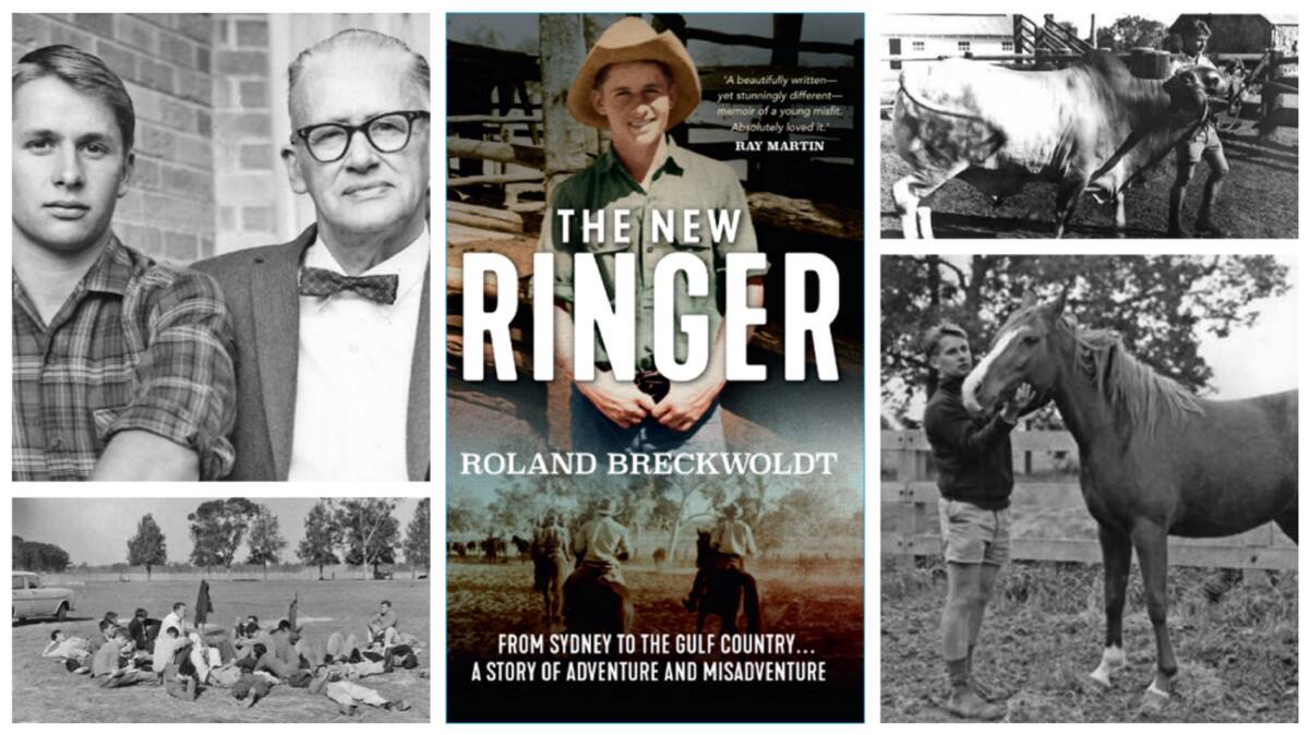 Clockwise from top left: Roland aged 20 and his father; The New Ringer book cover; Roland with Brahman cattle; with one of the Arab mares at HAC in 1967; a HAC vet tutorial. Pictures: Supplied