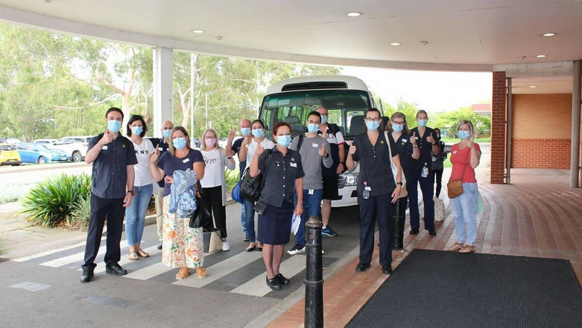 The first group of workers from HDHS about to hop on the bus to Westmead to be administered with their Covid-19 vaccines.