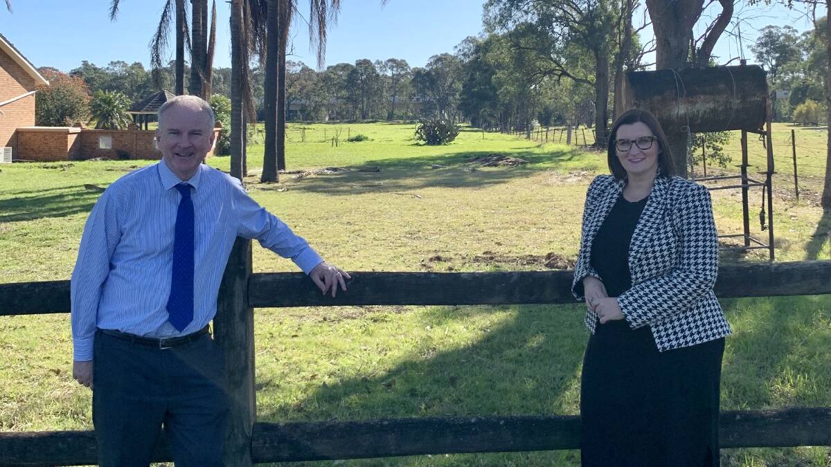New school coming: Member for Riverstone Kevin Conolly and Education Minister Sarah Mitchell at the site for the new 'Rouse Farm' primary school, located on Schofields Road in Rouse Hill. Picture: Supplied