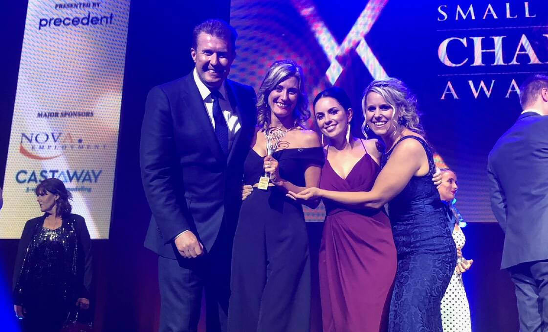 Champions: Oakville Preschool Learning Centre's Elizabeth Sheridan, Elle Connor and Kristy McCartney with MC for the event, Peter Overton. Picture: Supplied