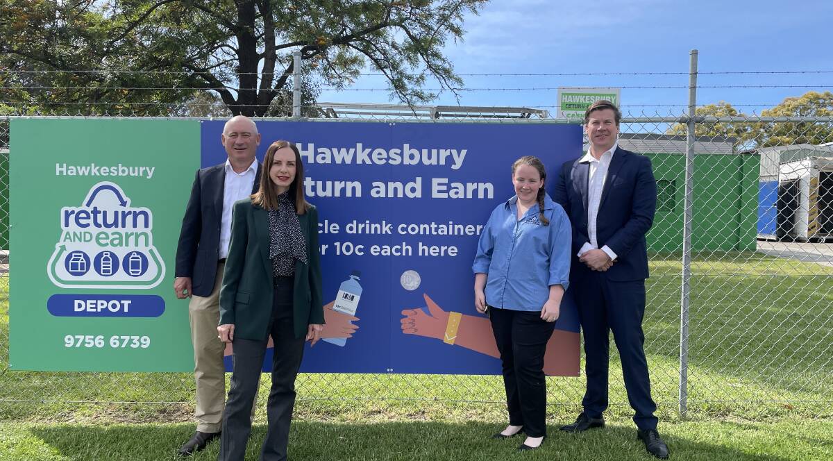 Sell and Parker CEO Luke Parker with Hawkesbury MP Robyn Preston, site manager Samantha Alderman, and Tomra Cleanaway CEO James Dorney at the new Hawkesbury Return and Earn site at South Windsor, set to open early December. Picture by Sarah Falson