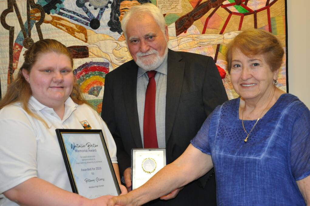 L-R: Recipient Bethany Silvers, the Mayor of Hawkesbury, Councillor Barry Calvert, and Elizabeth Turner - Natalie Burtons mother. Picture: Supplied