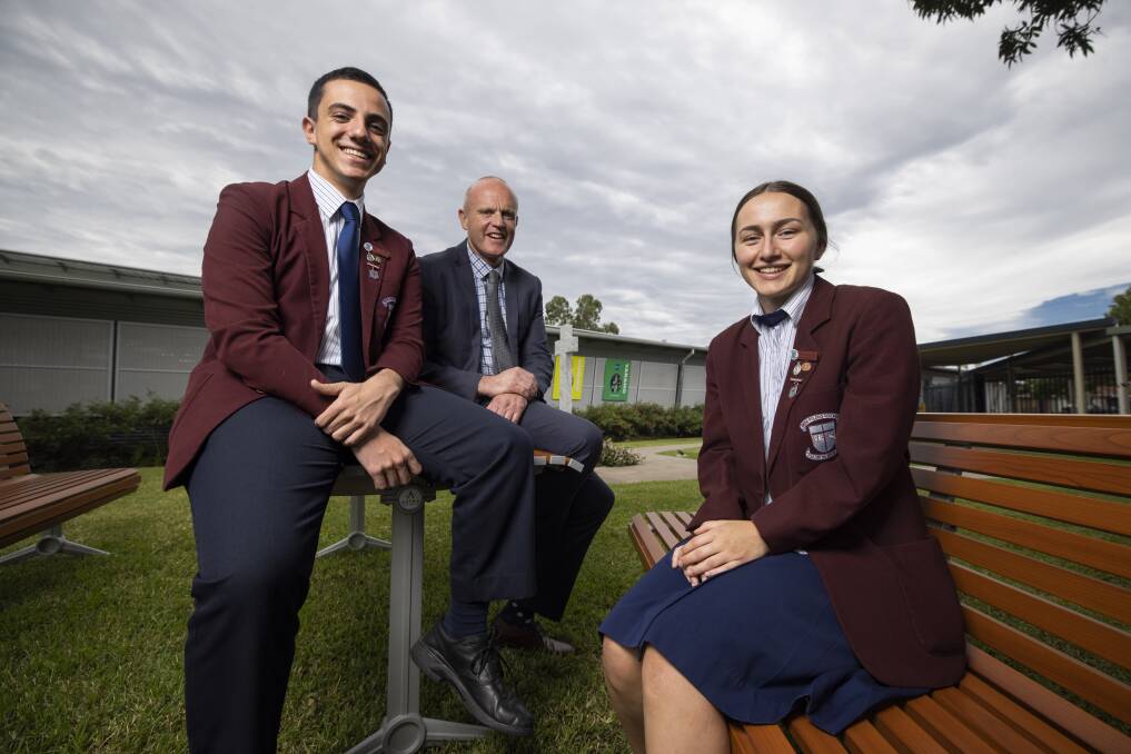 Wellbeing a priority: Student captain Joel Zahra, Principal Mark Compton, and student captain Annabel Bruzzese from Bede Polding College. Picture: Simon Bennett