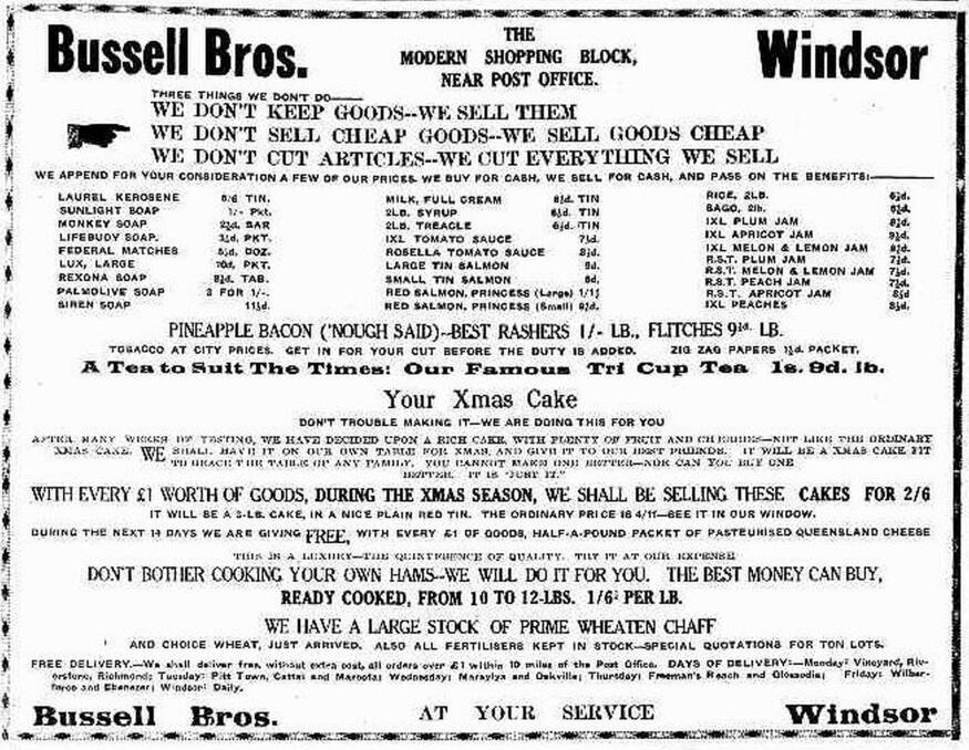A Bussell Bros advertisement from Windsor & Richmond Gazette 28 Nov 1930 p. 5.