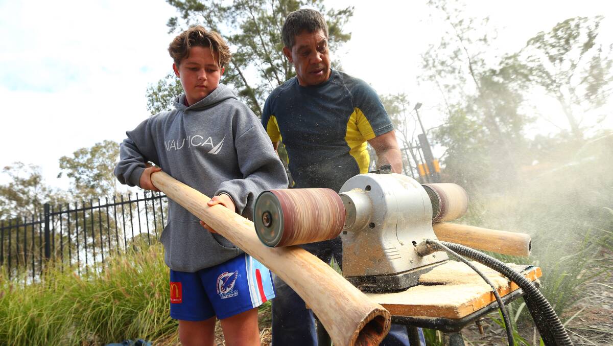 Aboriginal male students make their own didgeridoos and learn to play them at Hawkesbury High School. Pictures: Geoff Jones