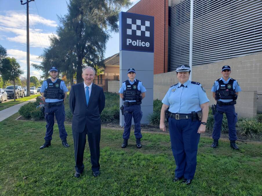 New recruits: (Back row, L-R) Probationary Constables Luke Burdekin, Bailey Rowe and Jared Chaplin, who recently joined Quakers Hill Police Area Command, pictured with (front left) Member for Riverstone Kevin Conolly and Quakers Hill Superintendent Donna McCarthy. Picture: Supplied