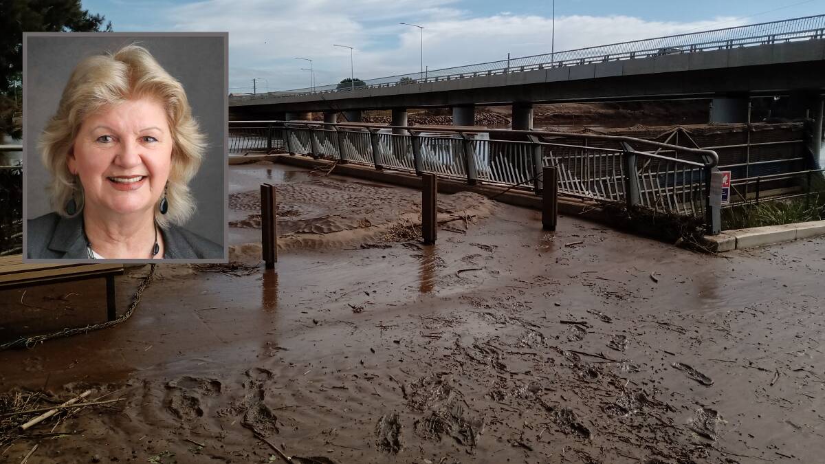 The March 2022 flood aftermath at Windsor Bridge with (inset) Hawkesbury Councillor Amanda Kotlash. Picture: Sarah Falson/Hawkesbury City Council