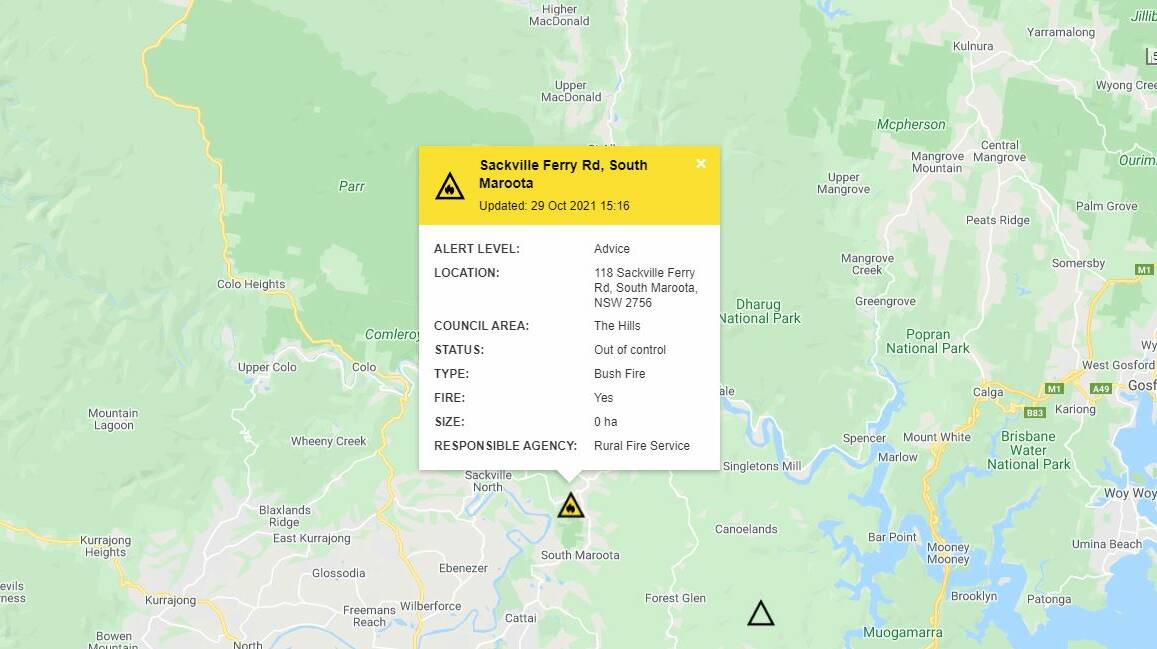 Advice at 3.16pm regarding the fire on Sackville Ferry Road, South Maroota, as shown on www.rfs.nsw.gov.au/fire-information/fires-near-me