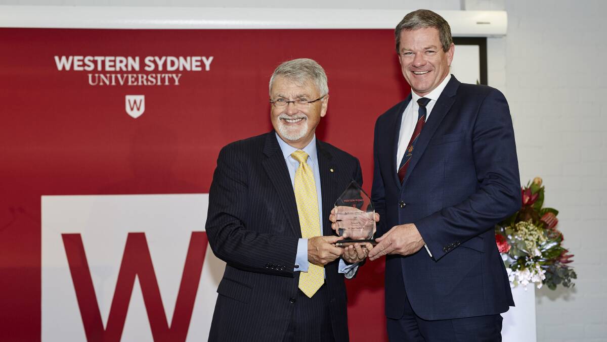 RECOGNITION: David Goodfellow (right), CEO of AustOn and Hawkesbury Alumni Award Winner 2018 receiving his award from Professor Peter Shergold (Chancellor, Western Sydney University). Picture: Supplied