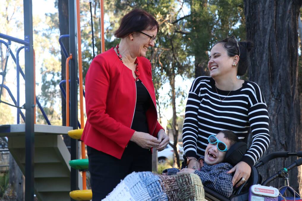 INCLUSIVE PLAYGROUND PROMISE: Ms Templeman with Bligh Park mum Rachel Privitera and her son Cameron, who has severe cerebral palsy, epilepsy and other medical conditions. Picture: Supplied