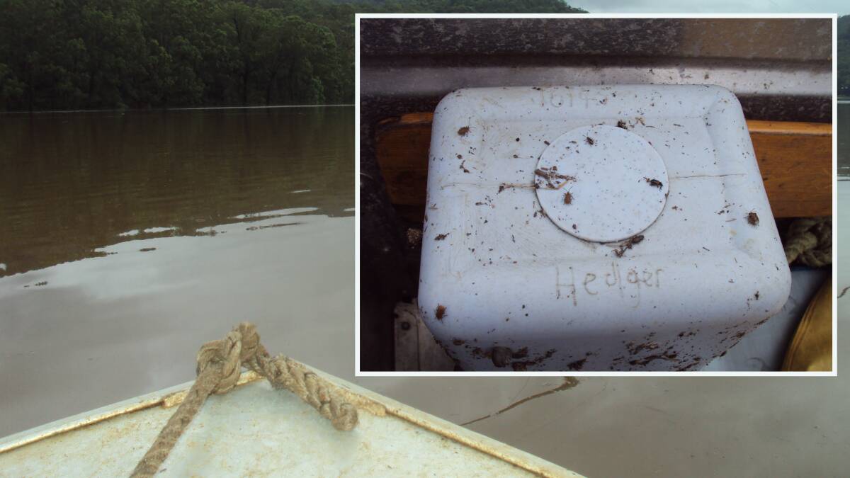 St Albans herdspeople Suzi's and Corey's boat in floodwaters with (inset) the urn of ashes they found belonging to Michael Hedger's mother. Pictures: Supplied and St Albans Community NSW Australia/Facebook
