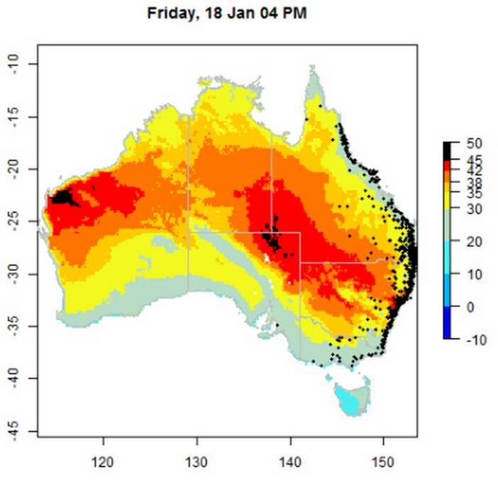 A heat map generated by the Flying Fox Heat-Stress Forecaster indicating which areas would be affected during last Friday's extreme heat event. Picture: Supplied