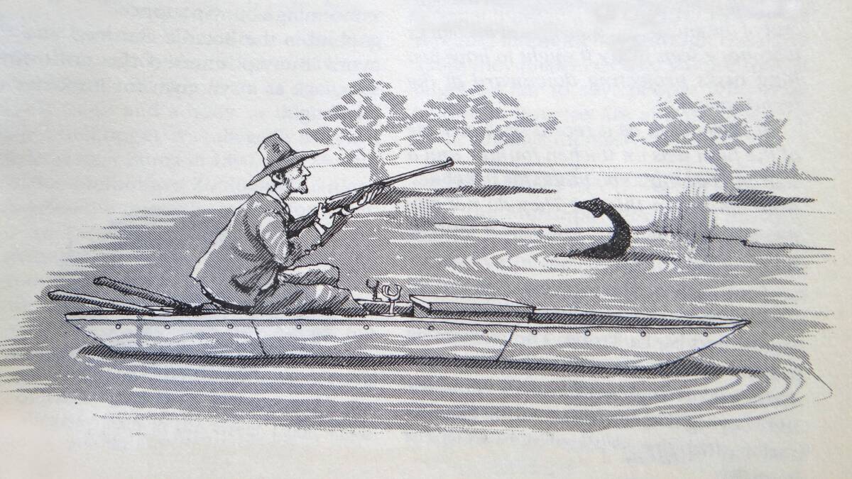 Likeness: A sketch by David Rowe for Tony Healy and Paul Cropper's first book, 'Out of the Shadows' (Pan Macmillan/Ironbark, 1994), illustrating an encounter by a naturalist named Stocqueler, on either the Murray or the Goulburn River, in Victoria, in 1857. Picture: Supplied