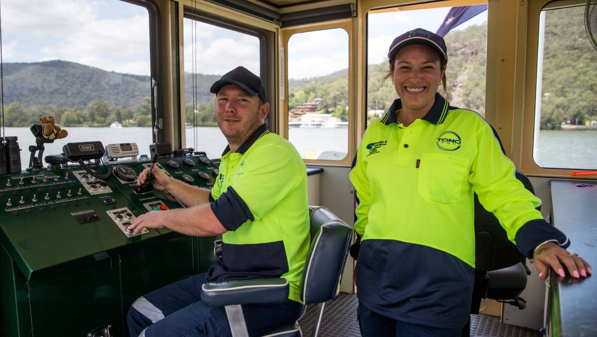 Webbs Creek Ferry Operator Sue-Ellen Dunlop with fellow operator Nathan Bryson. Picture: Geoff Jones