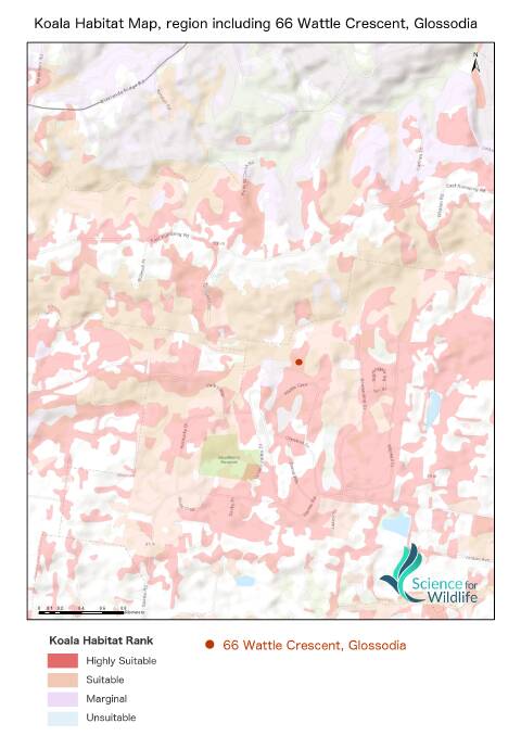 Suitable habitat: A Science for Wildlife map showing suitable koala habitat on the site for the proposed caravan park at Glossodia. Picture: Science for Wildlife