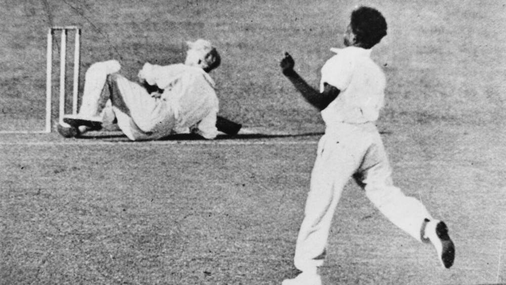 Eddie Gilbert bowling to Sir Donald Bradman during a New South Wales versus Queensland cricket match, 1931. (Credit: Unidentified. Copied and digitised from an image appearing in The Queenslander, 12 November 1931)